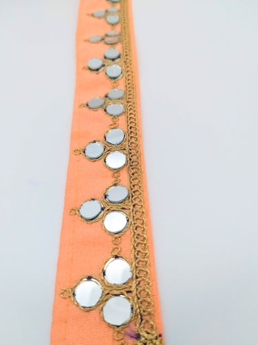 Peach Silk Trim With Mirrors Embellishments and Gold Embroidery, Approx. 34mm Wide, Decorative Trim Costume Trim Fashion Trim By Yard